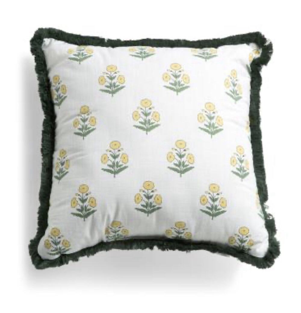 NWT Moss & Willow 20”x20" Marigold Block Dark Green Fringe Trim Throw Pillow